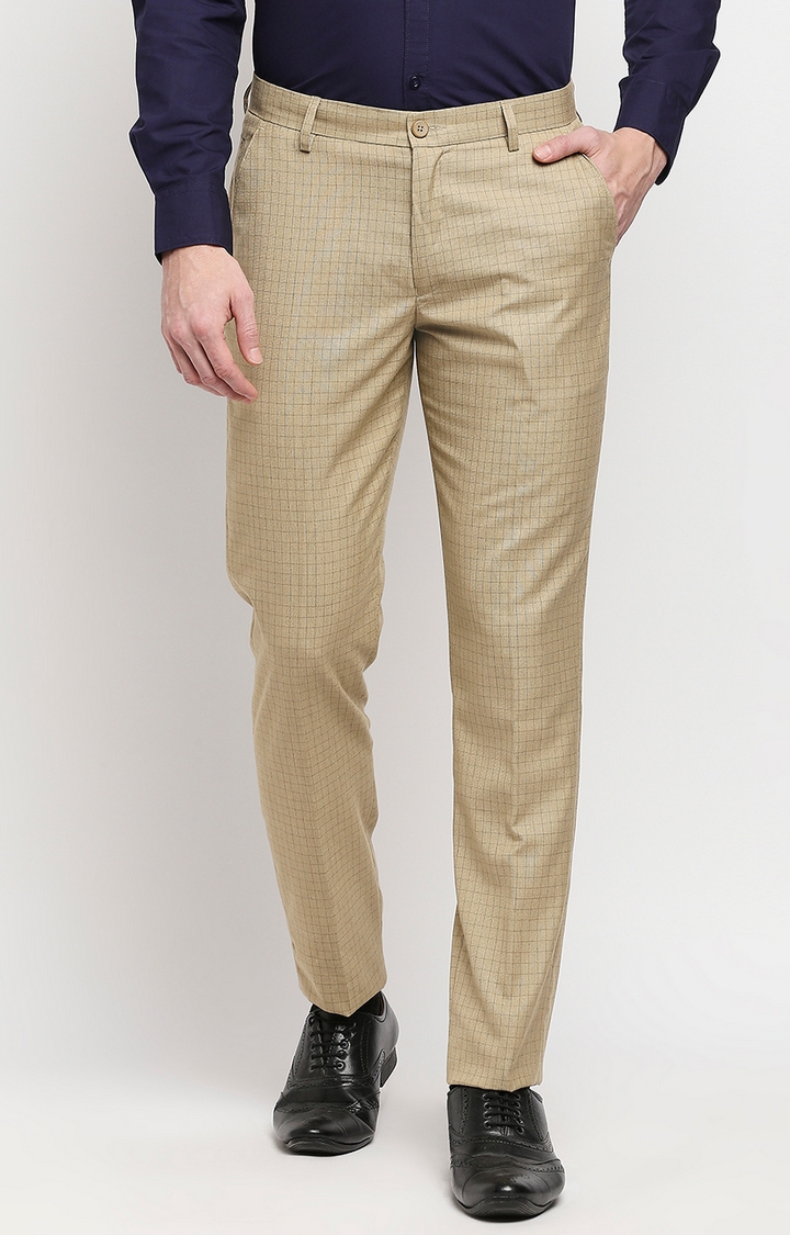 Men's Beige Polyester Checked Formal Trousers