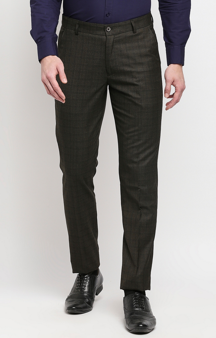 Men's Brown Polyester Checked Formal Trousers