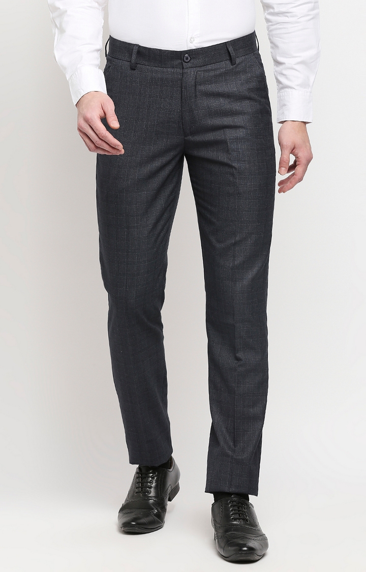 Men's Blue Polyester Checked Formal Trousers