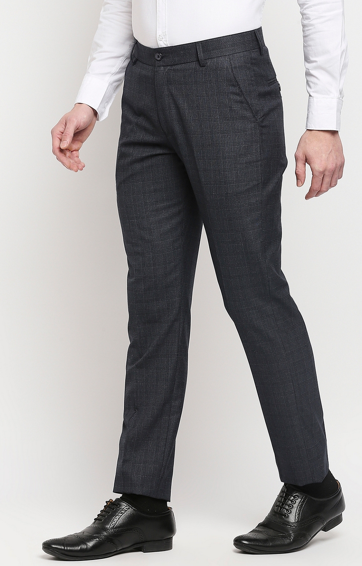 Men's Blue Polyester Checked Formal Trousers