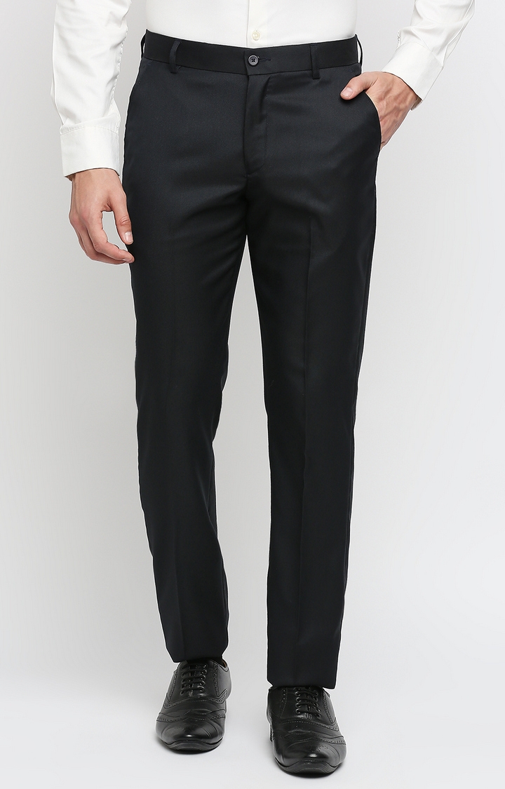 Men's Black Polycotton Solid Formal Trousers