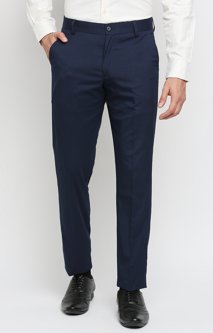 Men's Blue Polycotton Solid Formal Trousers