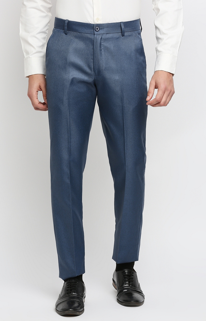 Men's Blue Polycotton Solid Formal Trousers