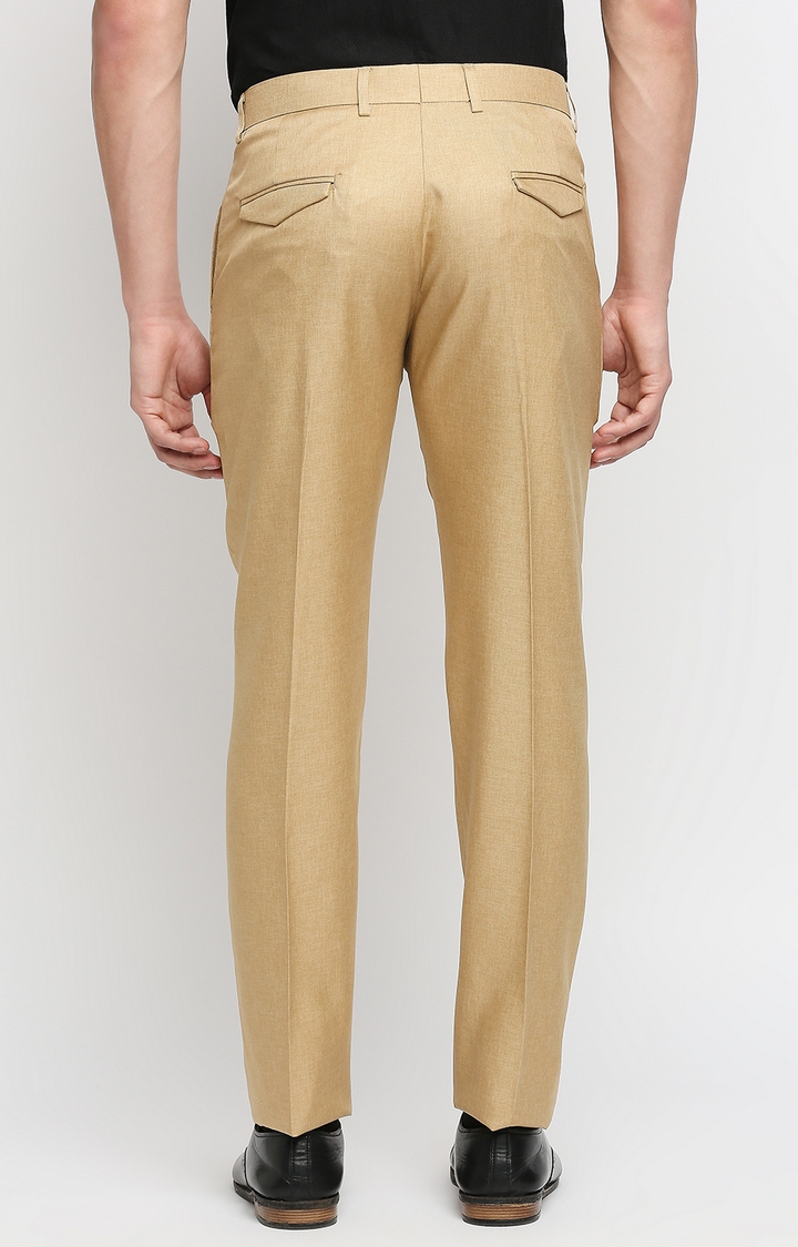 Men's Beige Polycotton Solid Formal Trousers