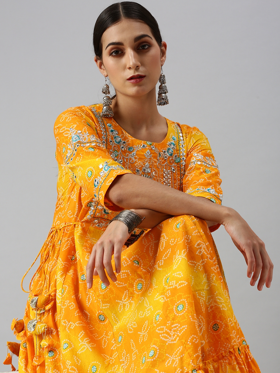 Showoff | Showoff Women Cotton Blend Yellow Printed Bandhani Anarkali Kurta