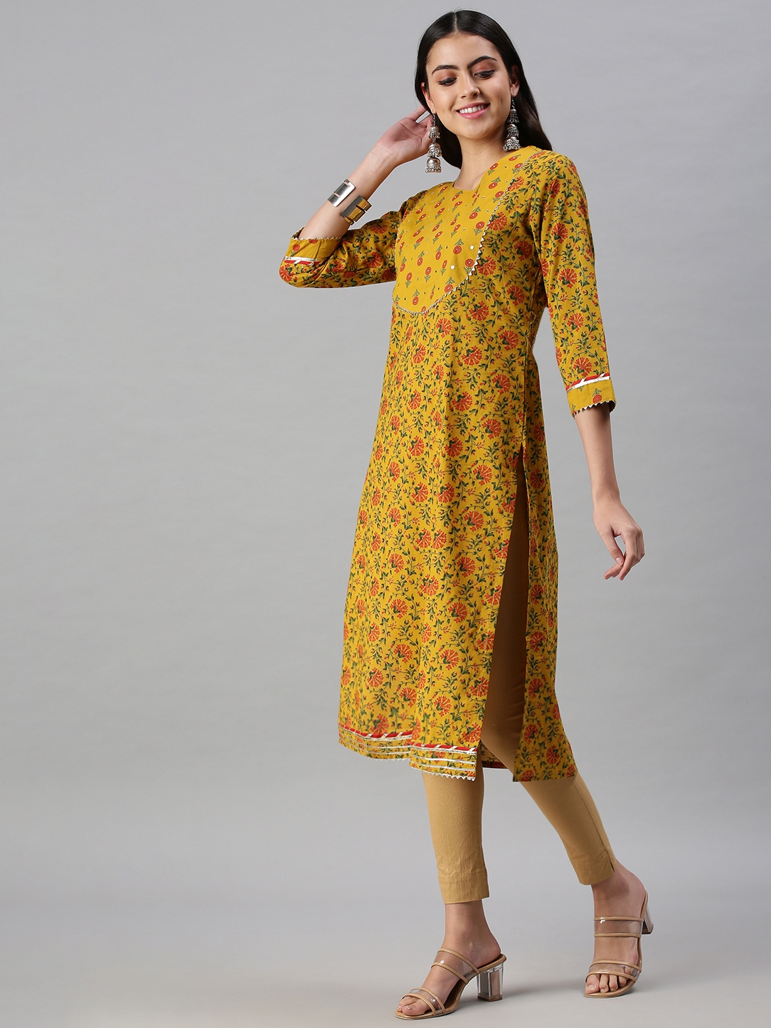 Women's Yellow Cotton Blend Printed Regular Kurtas
