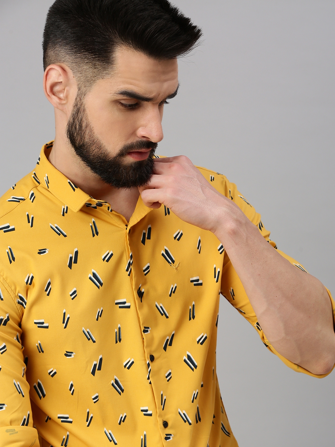 Showoff | SHOWOFF Men's Roll-Up Sleeves Yellow Abstract Shirts
