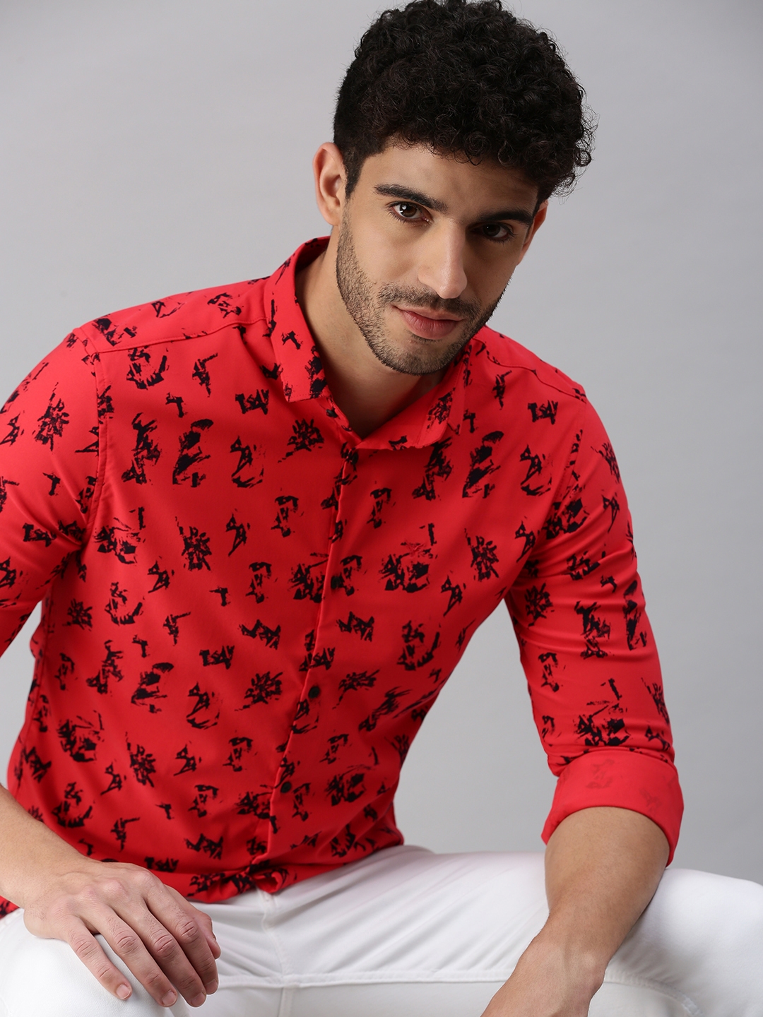 Showoff | SHOWOFF Men's Roll-Up Sleeves Red Abstract Shirts
