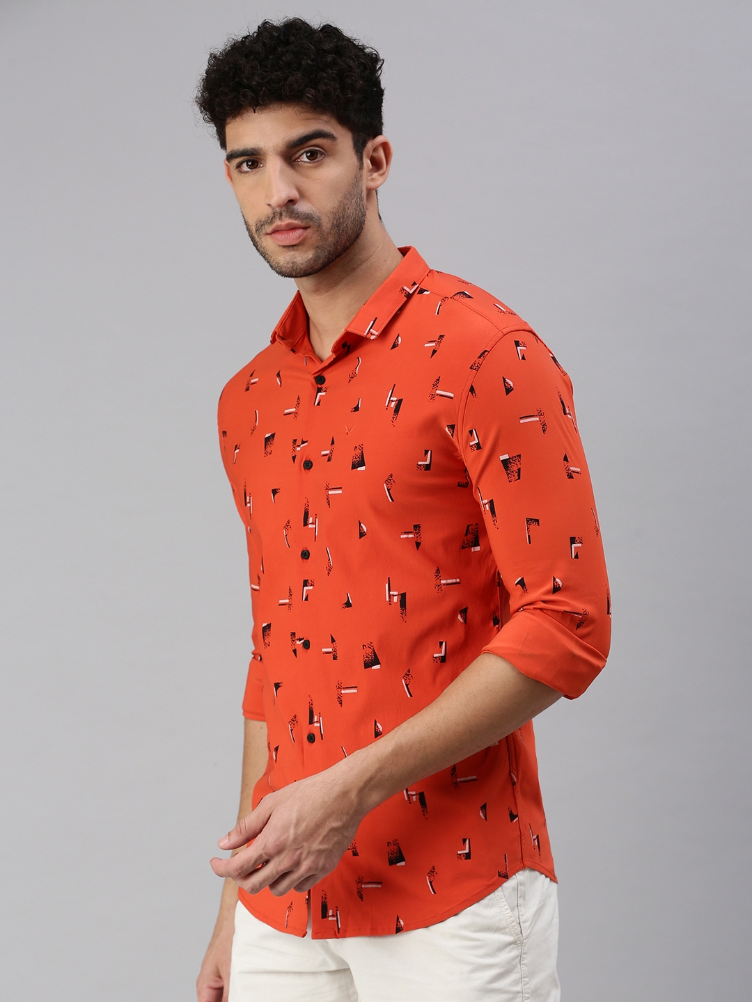 Men's Orange Cotton Printed Casual Shirts