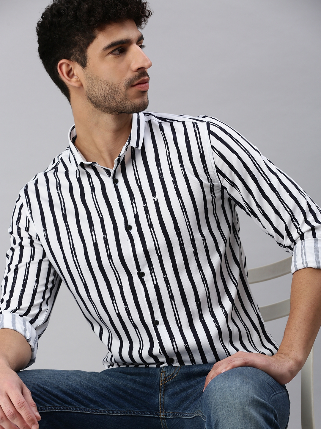 Showoff | SHOWOFF Men's Roll-Up Sleeves White Vertical Stripes Shirts