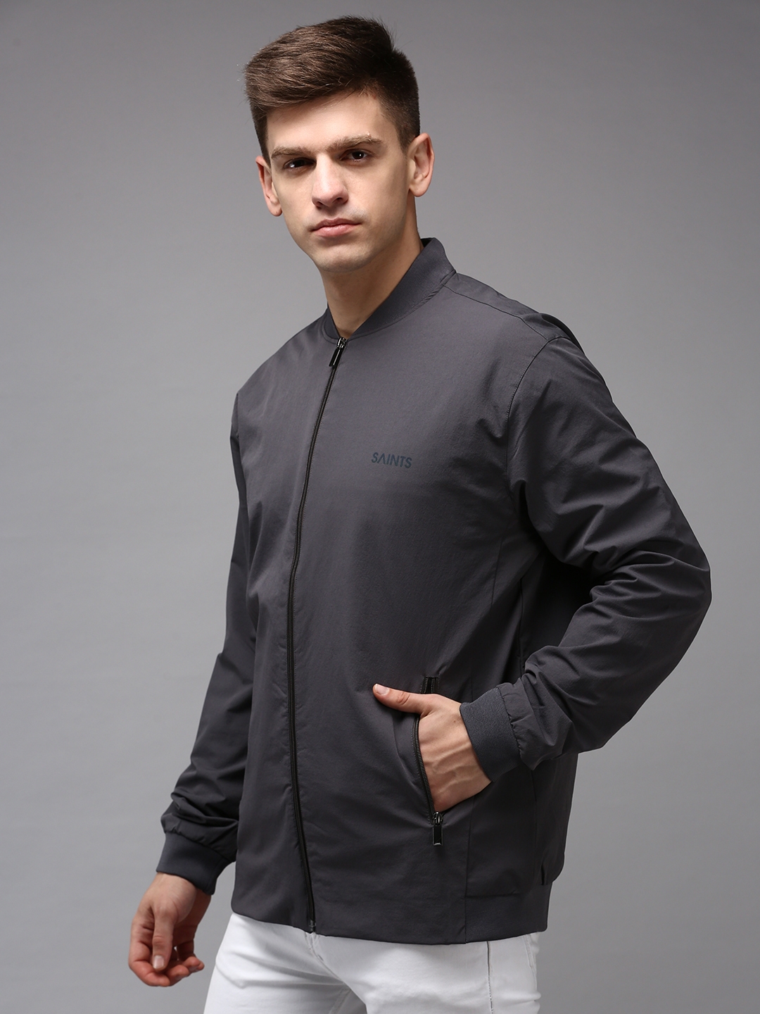 Men's Grey Synthetic Leather Solid Bomber Jackets