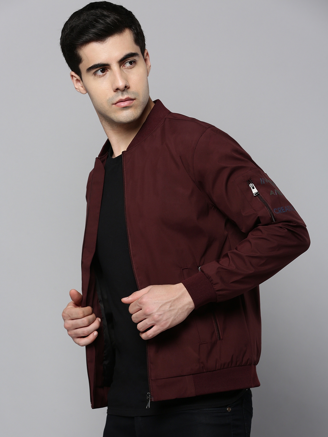Men's Red Polyester Solid Bomber Jackets