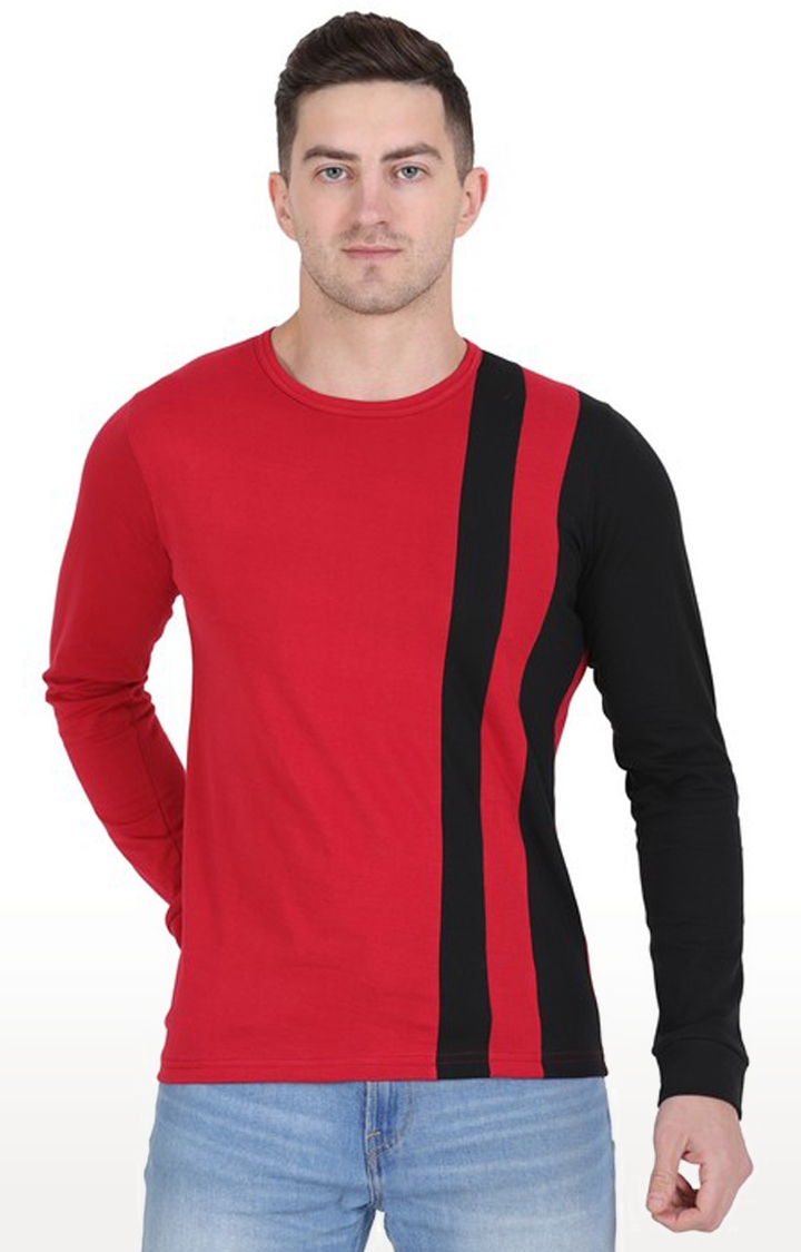  Men Black and Maroon Vertical Colourblock Round Neck Cotton Full Sleeve T-Shirt