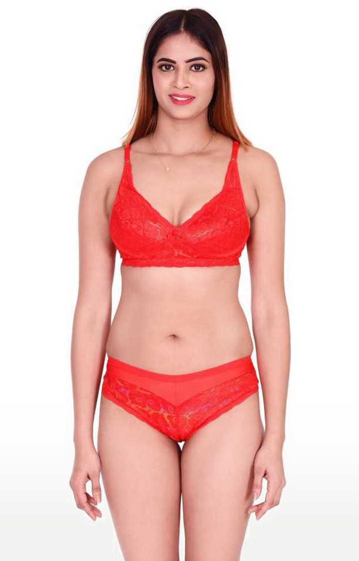 SUJUKA | Sujuka Bra & Panty Set Self Design Red Lingerie Set
