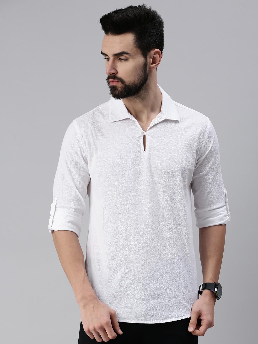 SHOWOFF Men's Solid White Shirt Collar Kurtas