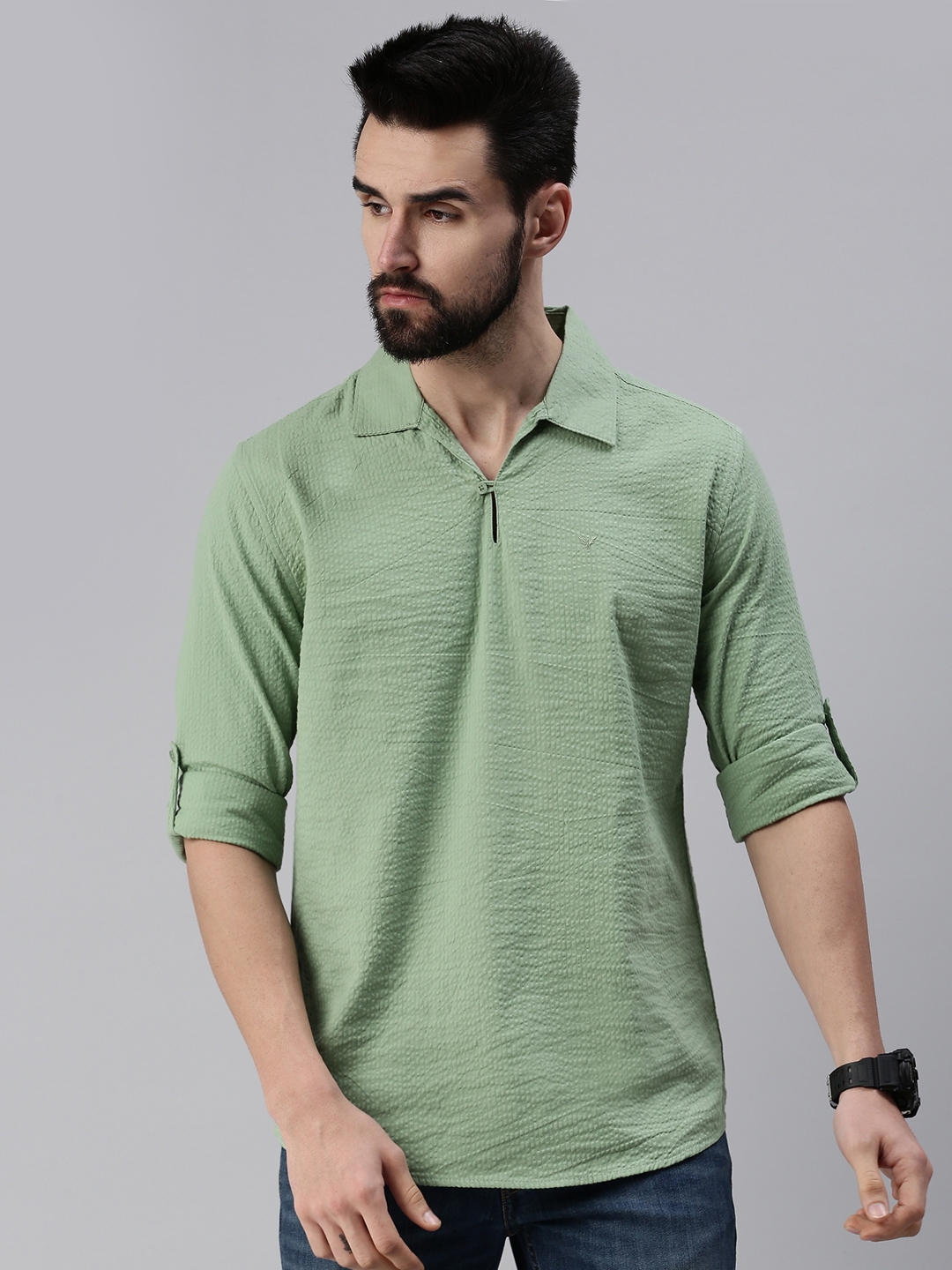 SHOWOFF Men's Solid Green Shirt Collar Kurtas