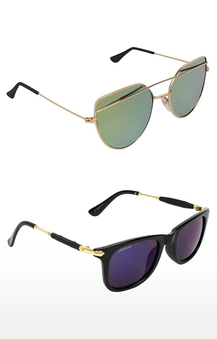 CREATURE | CREATURE Golden Aviator And Blue Wayfarer Sunglasses Combo with UV Protection (Lens-Multi|Frame-Gold/Black)
