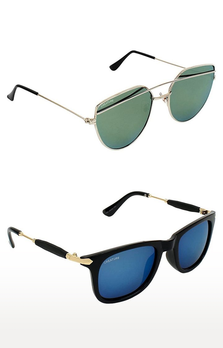 CREATURE | CREATURE Green & Blue Aviator Sunglasses Combo with UV Protection (Lens-Green & Blue|Frame-Silver & Black)