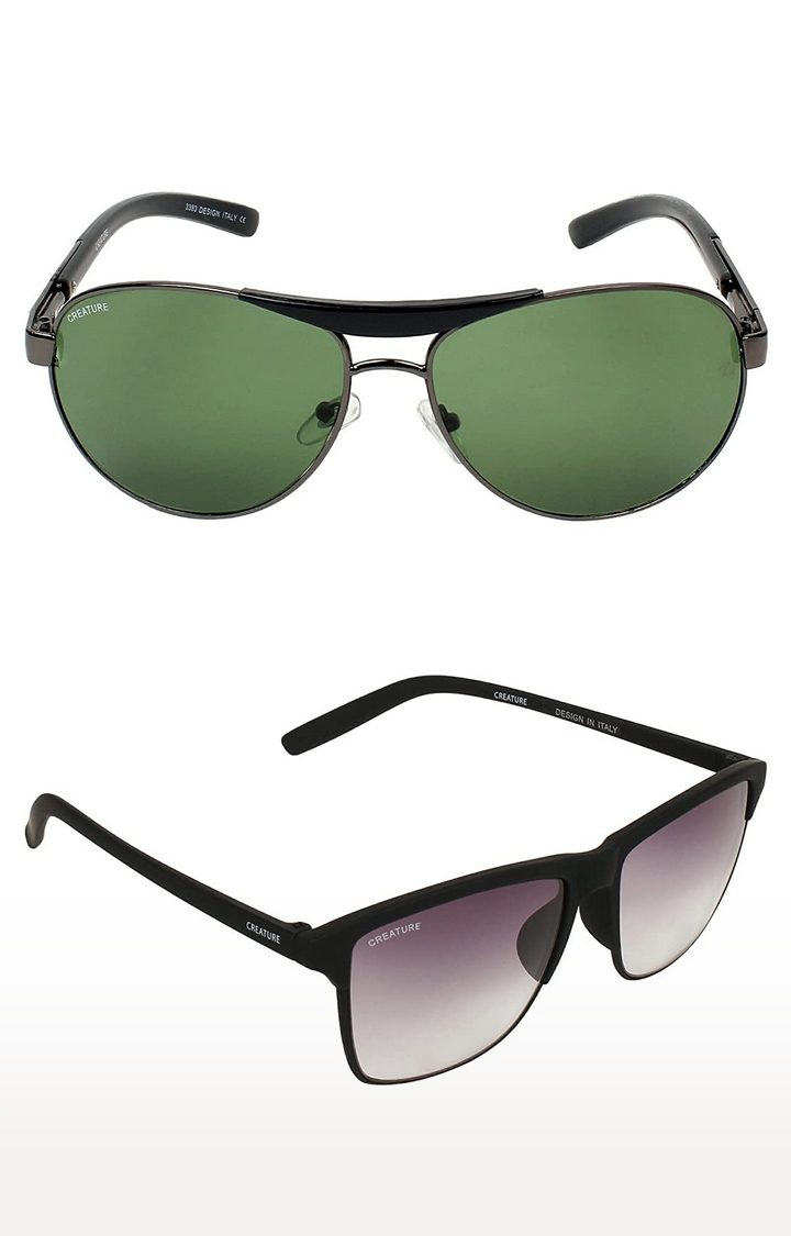 CREATURE | CREATURE Green & Purple Aviator Sunglasses Combo with UV Protection (Lens-Green & Purple|Frame-Golden & Brown)
