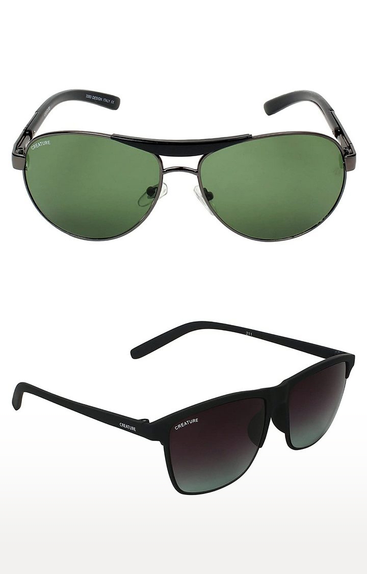 CREATURE | CREATURE Black Sunglasses Combo with UV Protection (Lens-Green|Frame-Grey & Black)