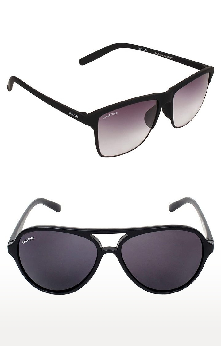 CREATURE | CREATURE Black Aviator Sunglasses Combo with UV Protection (Lens-Black & Purple|Frame-Black)