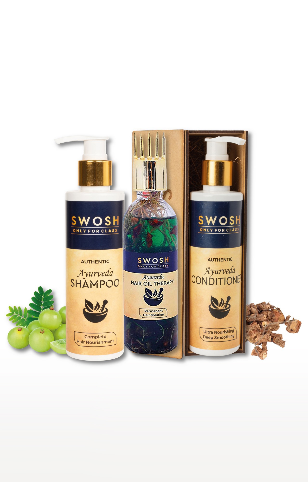 SWOSH | Swosh Ayurvedic Hair Care Combo Pack Of 3 Hair Oil 100 Ml, Shampoo 200 Ml, Conditioner 200 Ml Combo Kit Provide Long, Smooth And Healthy Hair And Nourish The Roots