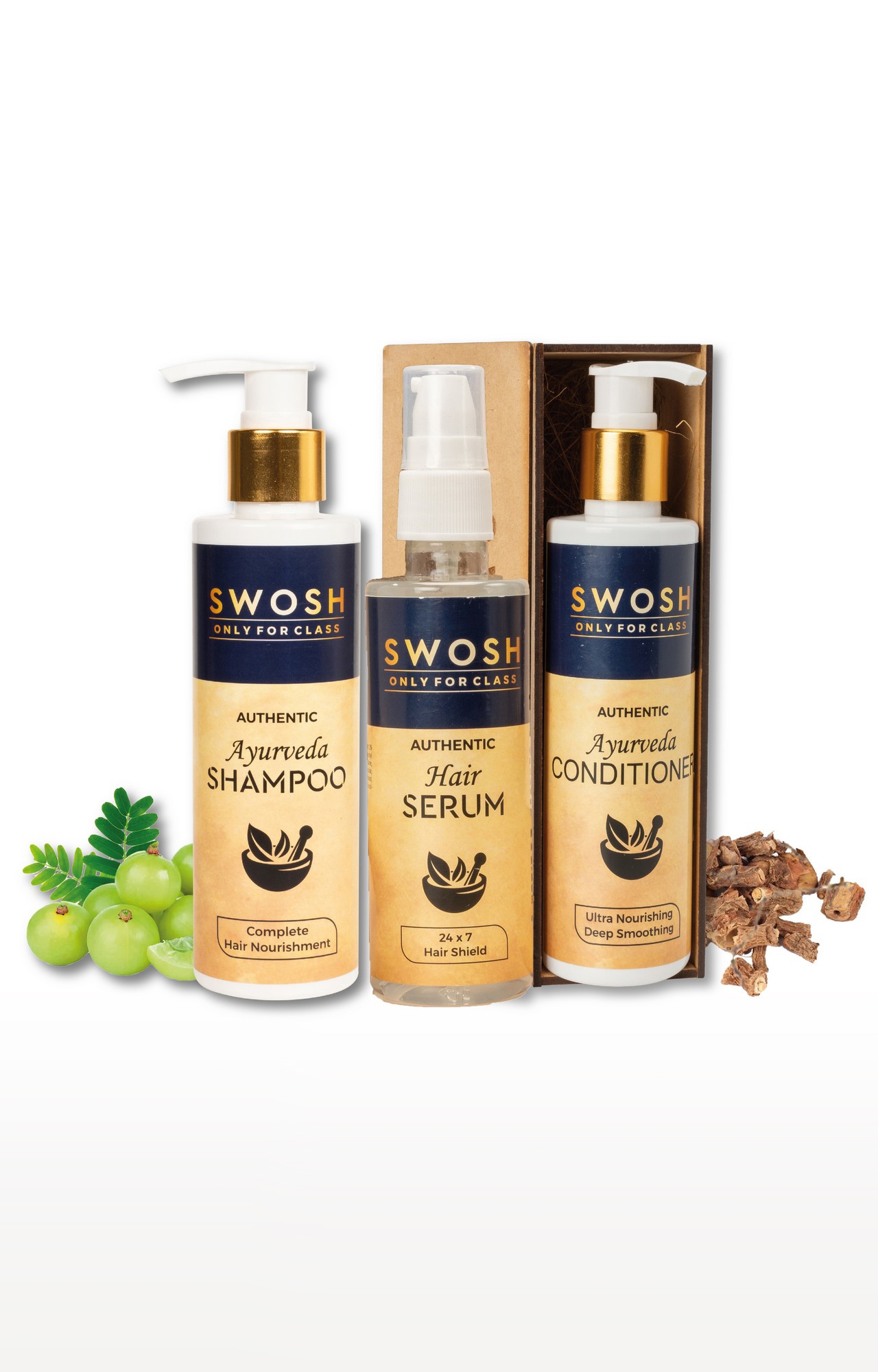 Swosh Ayurvedic Hair Care Combo Pack Of 3 Hair Serum 100 Ml, Shampoo 200 Ml, Conditioner 200 Ml Combo Kit Provide Long, Smooth And Healthy Hair And Nourish The Roots