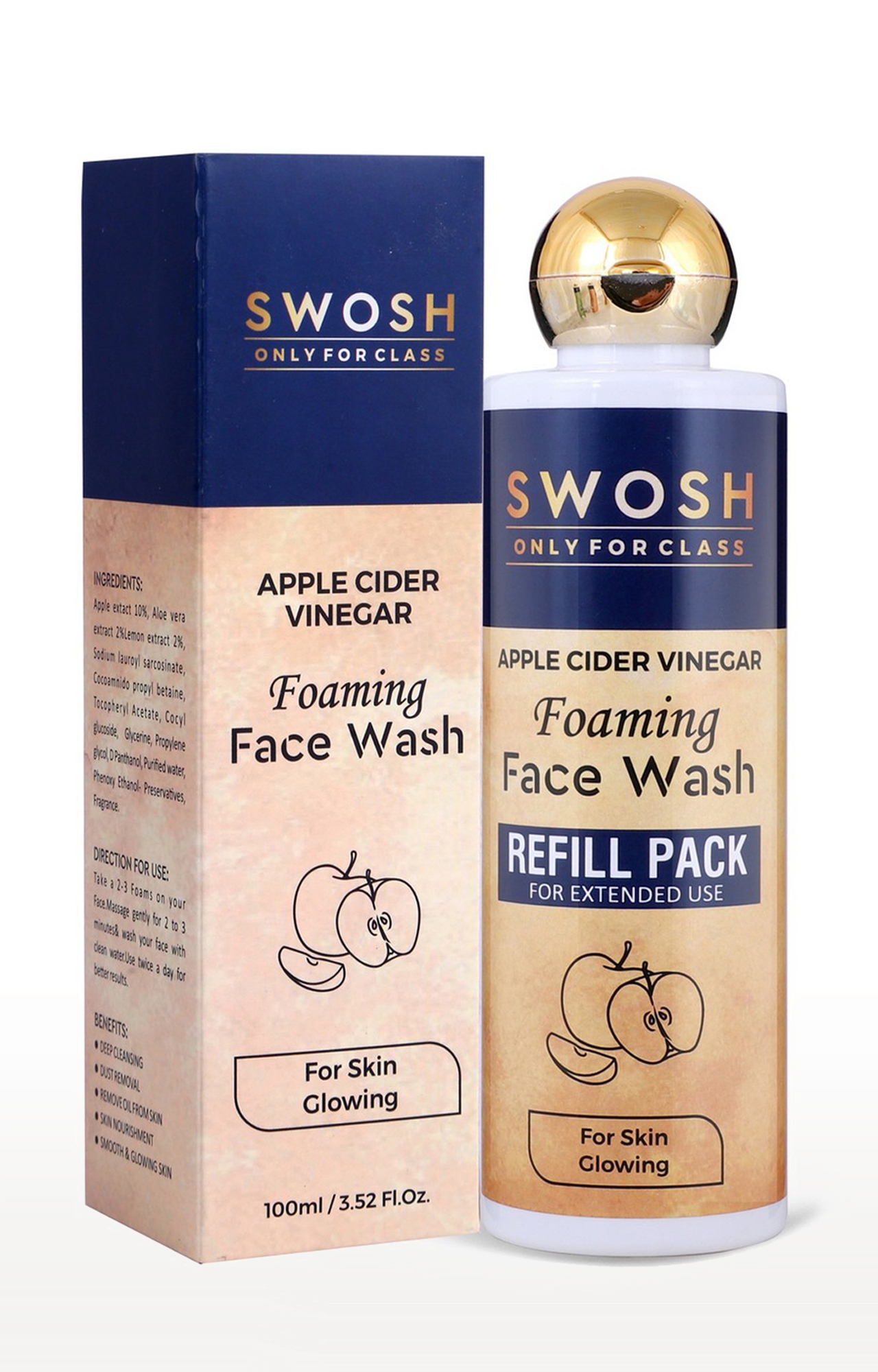 SWOSH | Swosh Apple Cider Vinegar (Apple Extract) Foaming Face Wash 2 In 1 Refill Pack For Acne Prone & Oily Skin - No Parabens, Sulphate, Silicones & Colour, Pack Of 200 Ml