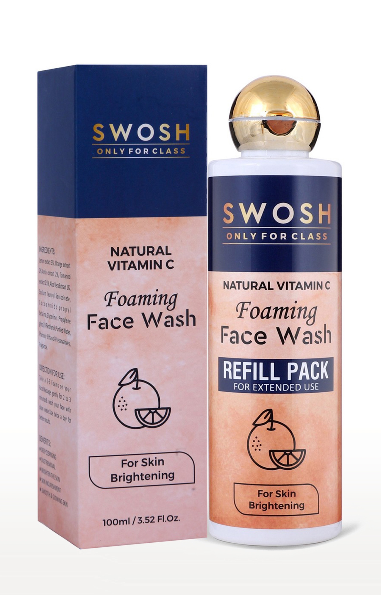 SWOSH | Swosh Natural Vitamin C Foaming Face Wash 2 In 1 Refill Pack For Pimple Prone & Oily Skin - No Parabens, Sulphate, Silicones & Colour, Pack Of 200 Ml