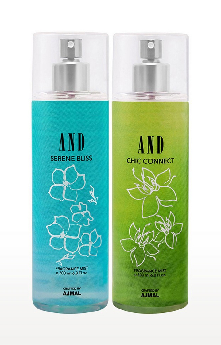 AND Serene Bliss & Chic Connect Pack of 2 Body Mist 200ML each Long Lasting Scent Spray Gift For Women Perfume Crafted by Ajmal FREE