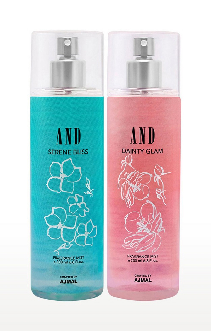 AND Serene Bliss & Dainty Glam Pack of 2 Body Mist 200ML each Long Lasting Scent Spray Gift For Women Perfume Crafted by Ajmal FREE
