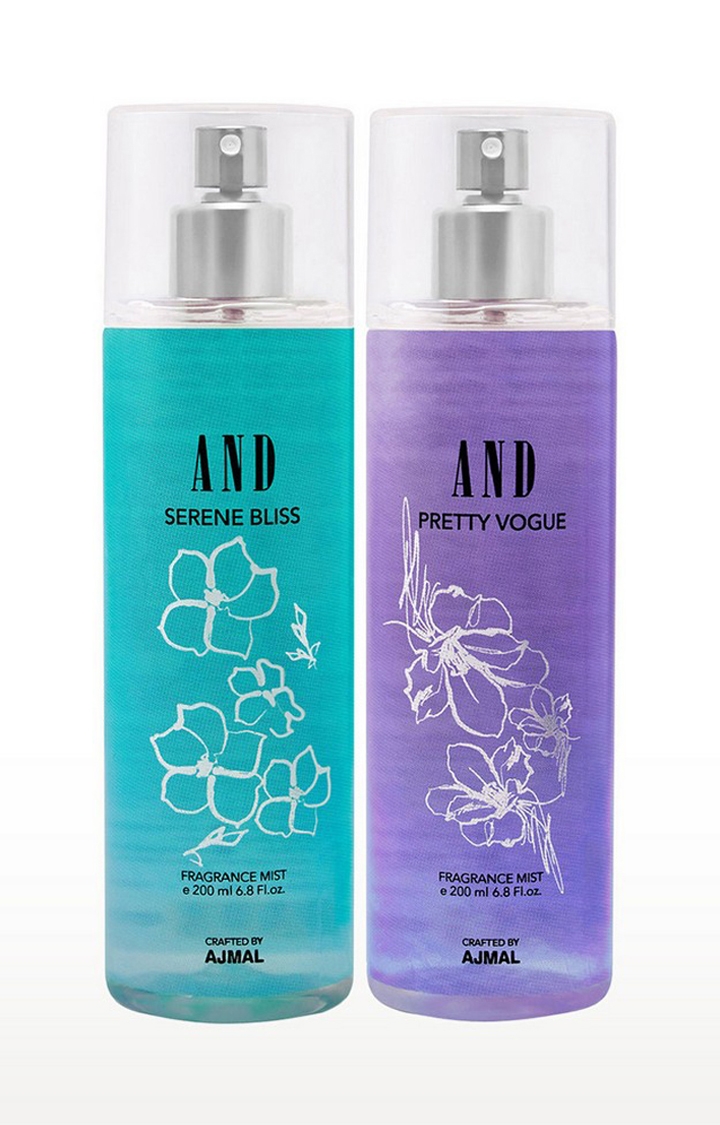 AND Serene Bliss & Pretty Vogue Pack of 2 Body Mist 200ML each Long Lasting Scent Spray Gift For Women Perfume Crafted by Ajmal FREE