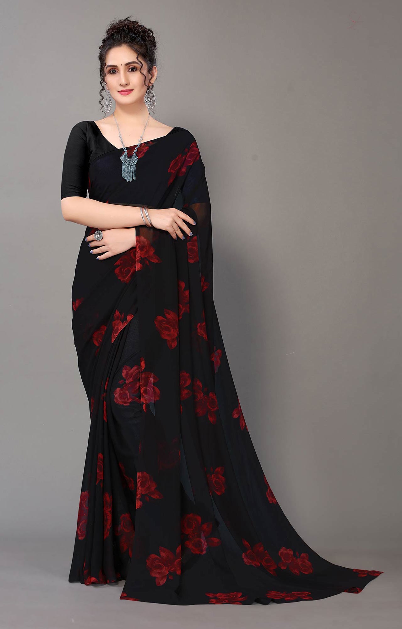 SHAILY RETAILS | Women Daily Wear Black Floral Printed Georgette Saree - HAL29GR00110BLCK