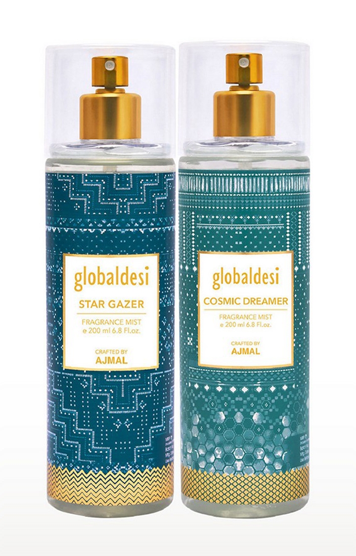 Global Desi Star Gazer & Cosmic Dreamer Pack of 2 Body Mist 200ML each Long Lasting Scent Spray Gift For Women Perfume Crafted by Ajmal FREE