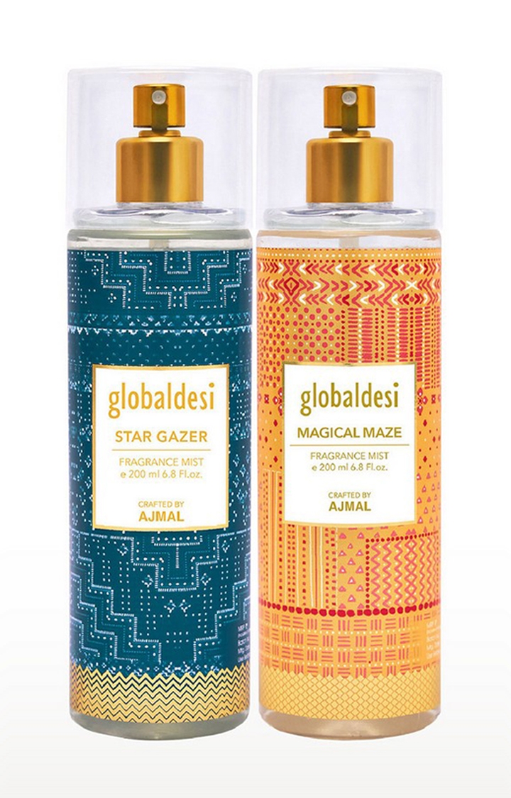 Global Desi Star Gazer & Magical Maze Pack of 2 Body Mist 200ML each Long Lasting Scent Spray Gift For Women Perfume Crafted by Ajmal FREE