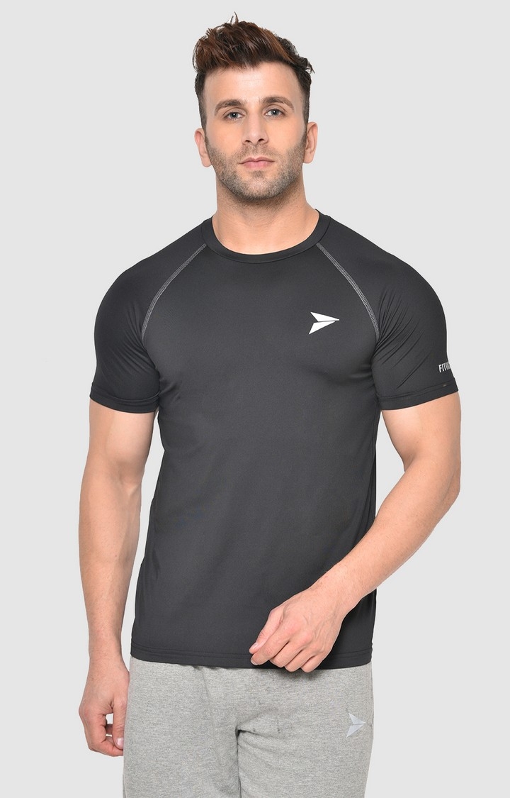 Men's Black Lycra Solid Activewear T-Shirt