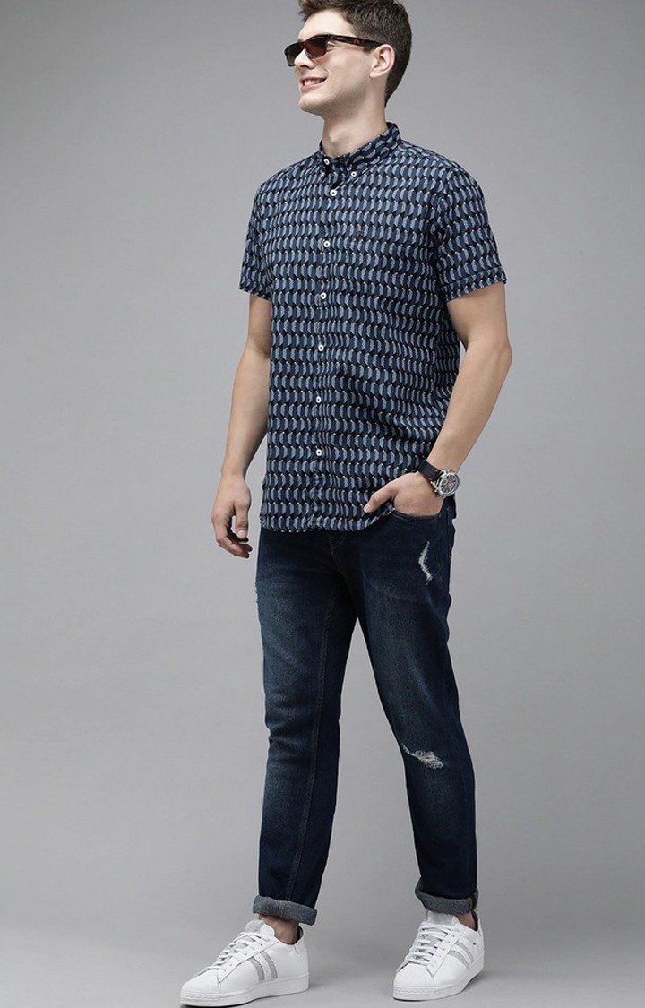 The Bear House Men'S Slim Fit Blue Printed Casual Shirts