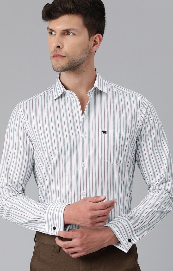 The Bear House | Men White Slim Fit Striped Pure Cotton Formal Shirt