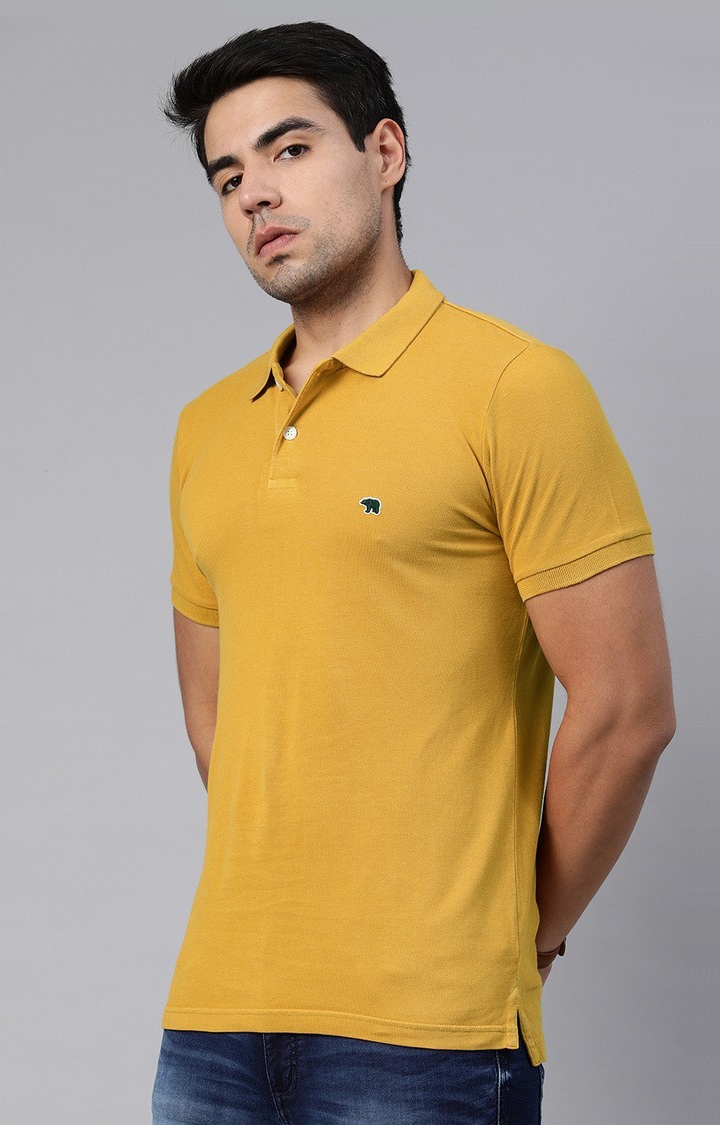 Men's Yellow Cotton Solid Polo T-shirt