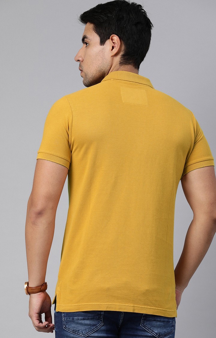 Men's Yellow Cotton Solid Polo T-shirt
