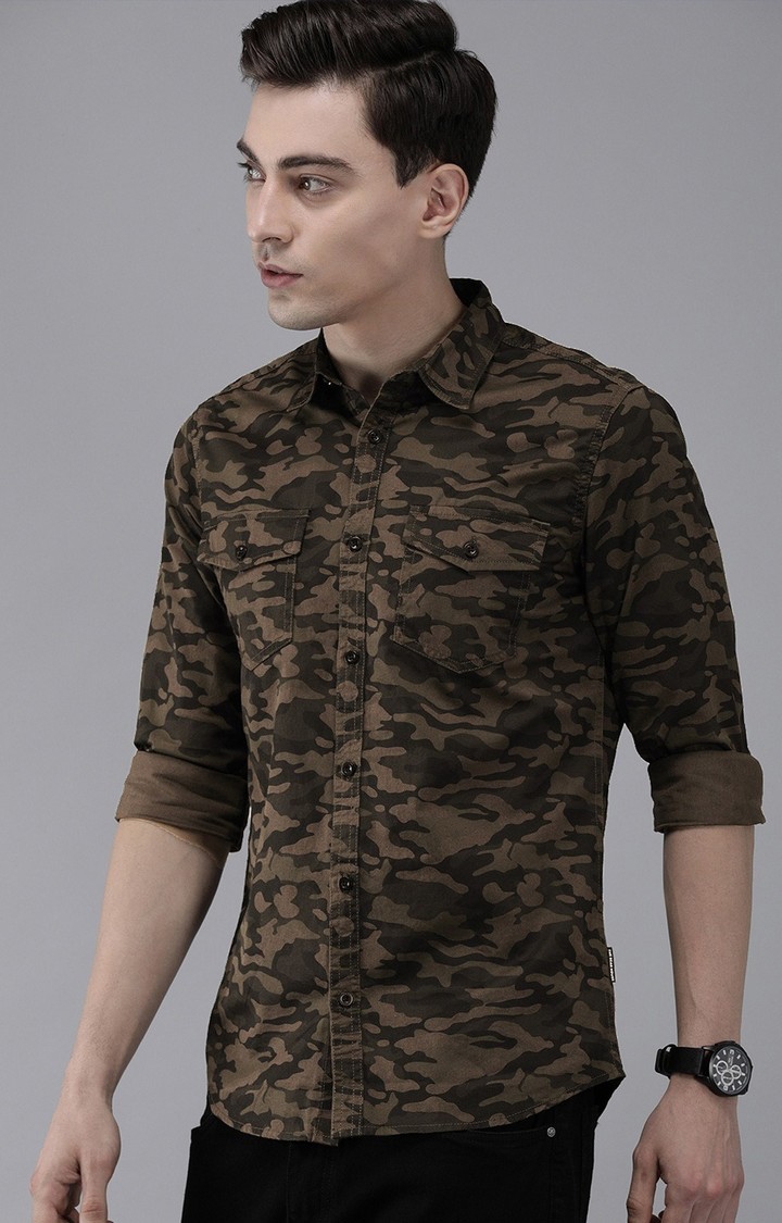 Men'S Green Slim Fit Camouflage Casual Shirt
