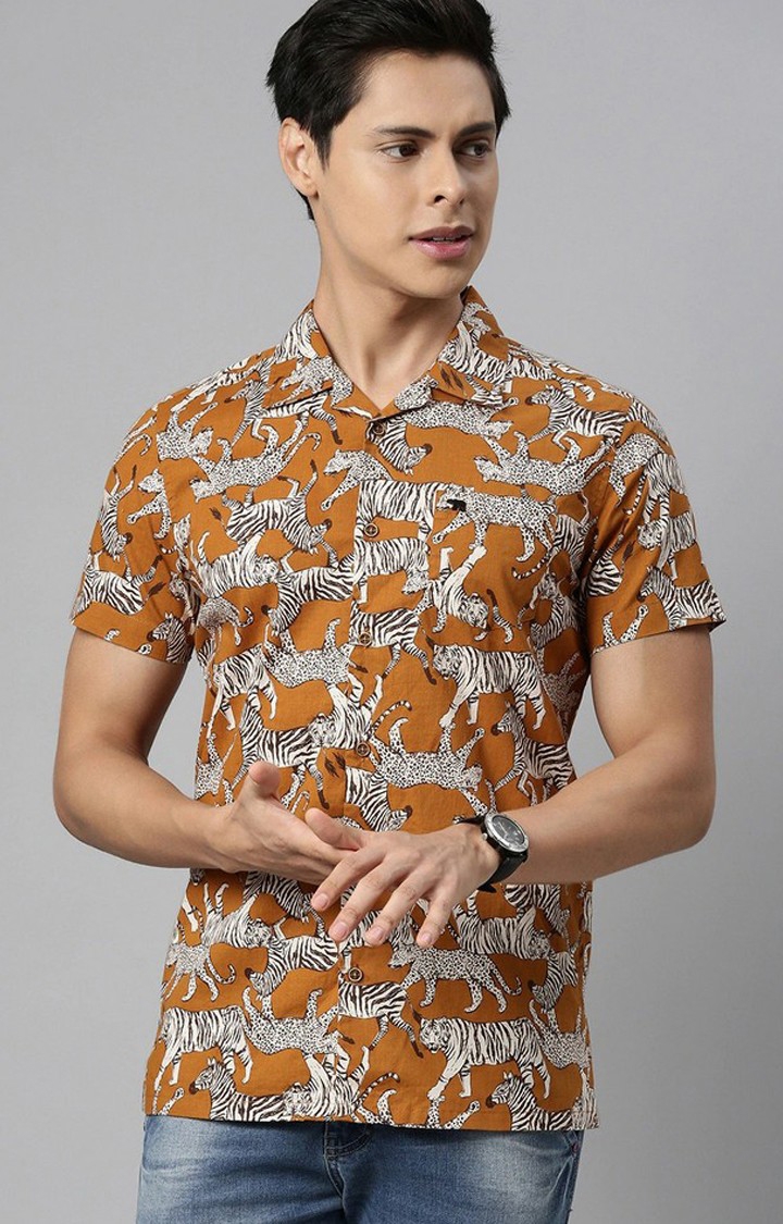 Men'S Brownm Printed Bowling Collar Shirt