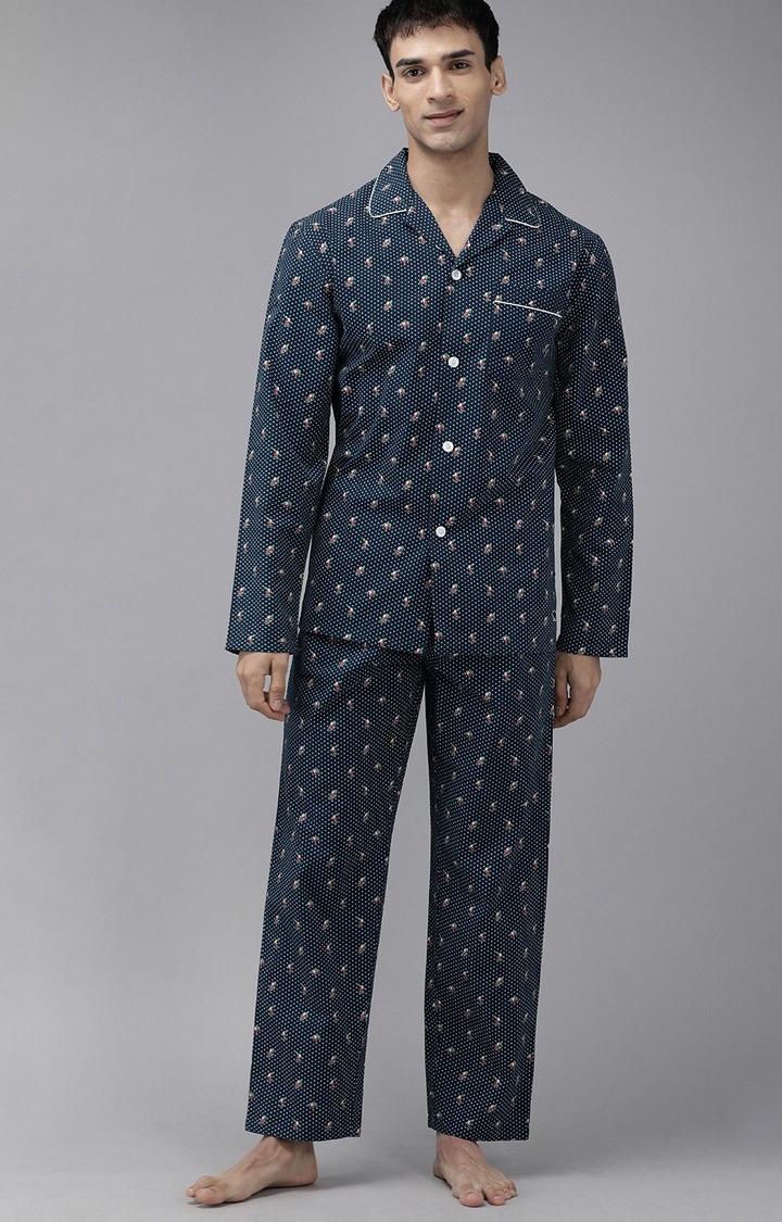 The Bear House | Men's Blue Printed Night-Suit