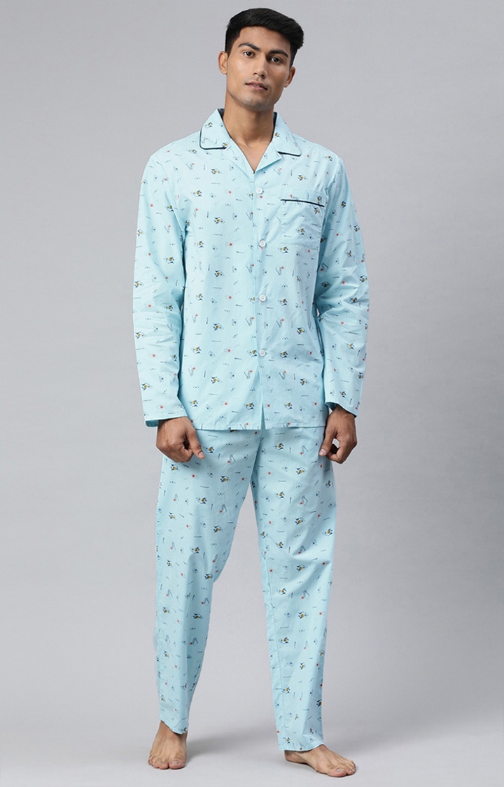 Men's Blue Printed Night-Suit