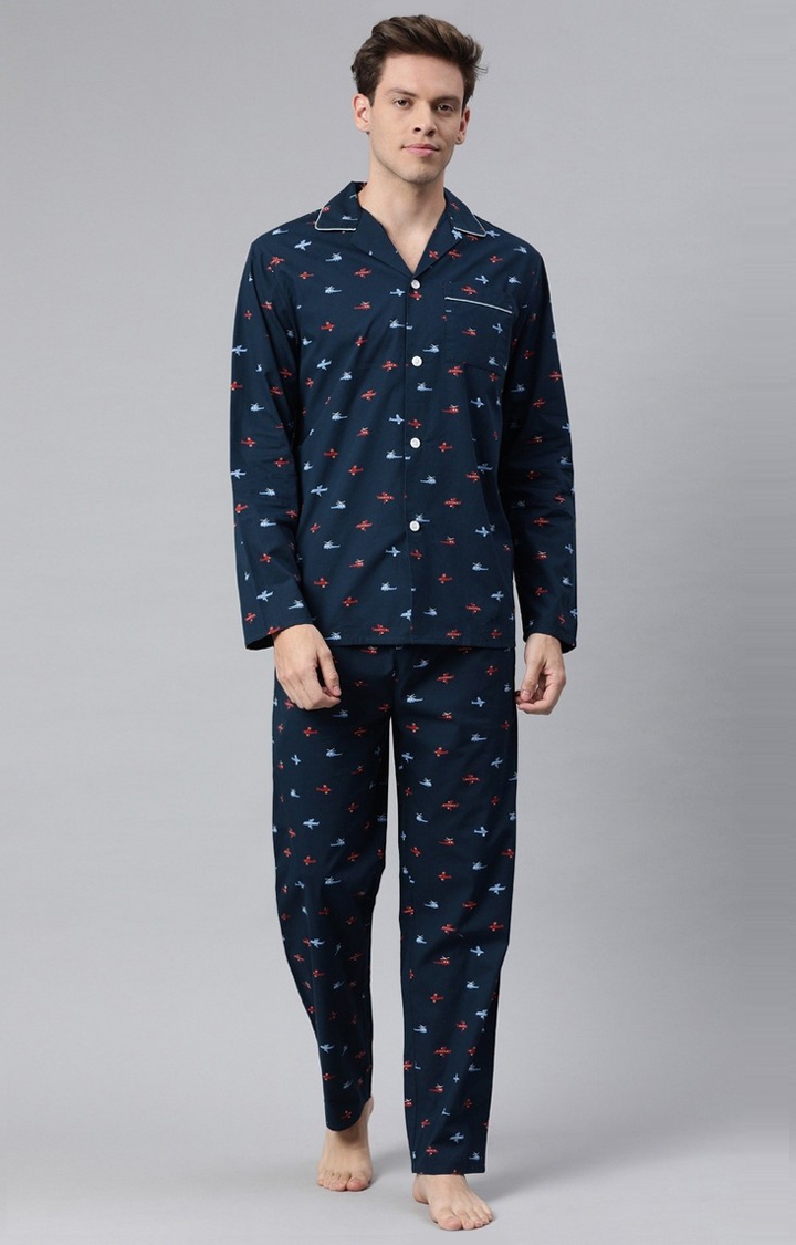 The Bear House | Men's Blue Printed Night-Suit