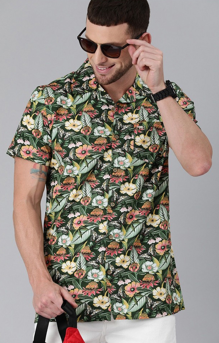 Men Green And Pink Slim Fit Tropical Floral Print Pure Cotton Casual Shirt