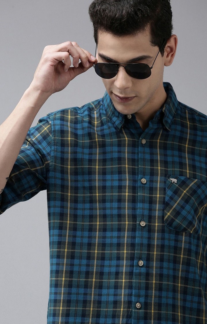 Men'S Blue Checked Slim Fit Flannel Casual Shirts