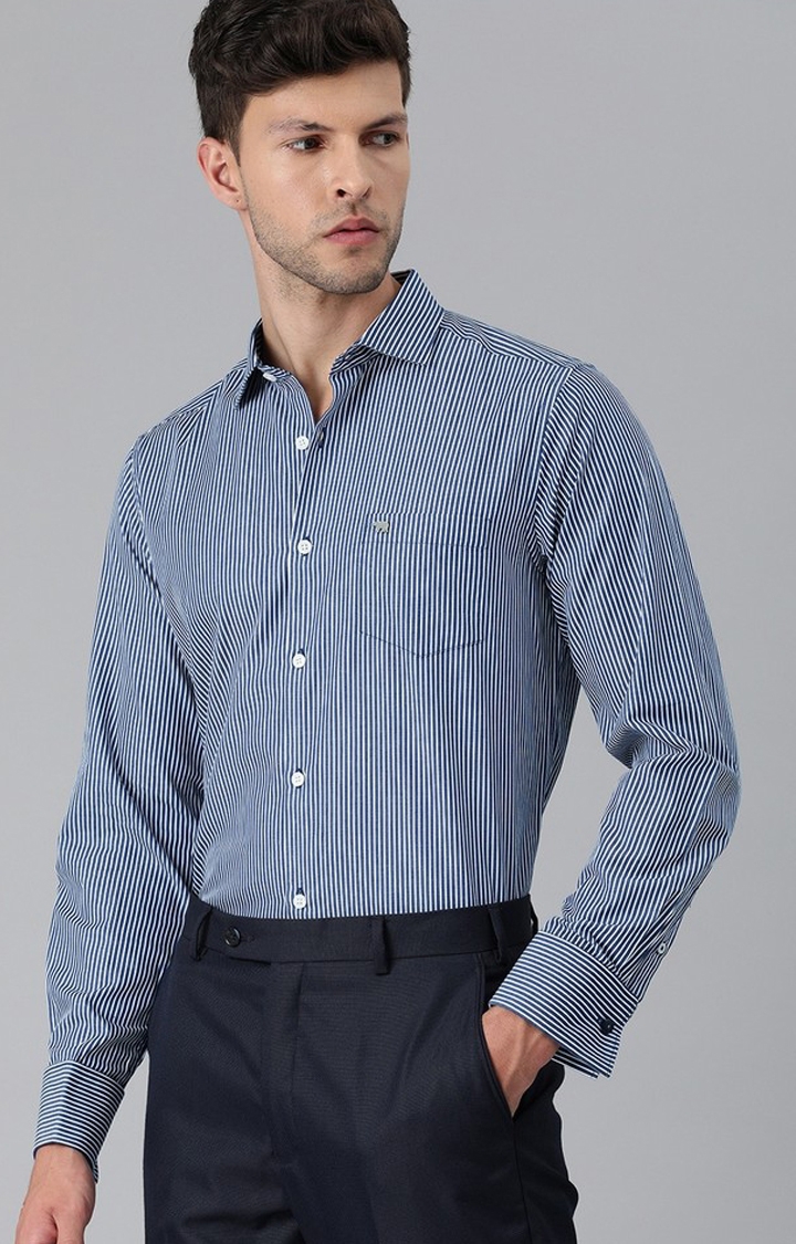 Men's Blue and White Cotton Striped Formal Shirt