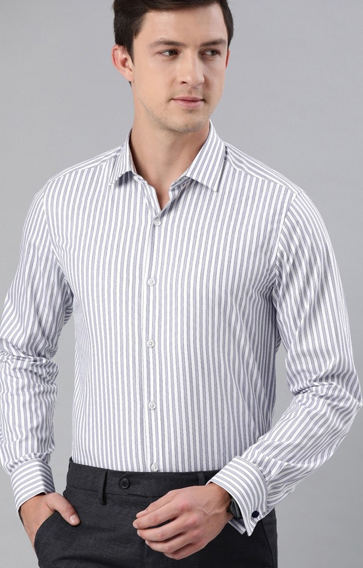 The Bear House | The Bear House Men White  Navy Blue Slim Fit Striped French-Cuff Formal Shirt