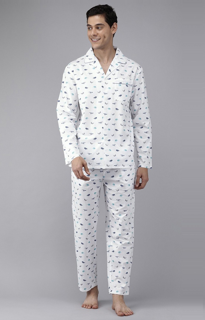 The Bear House | Men's White Printed Night-Suit